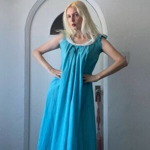 Vintage Handmade Blue Cotton Dotted Swiss Hawaiian Midi MuMu Dress Med